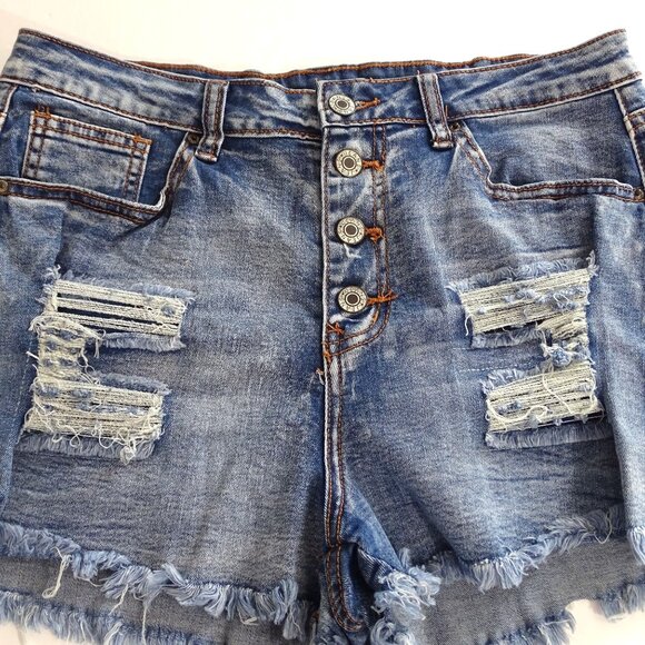 Distressed Denim High-Waist Shorts Women Size L Raw Hem Button Fly Ripped - Picture 2 of 10